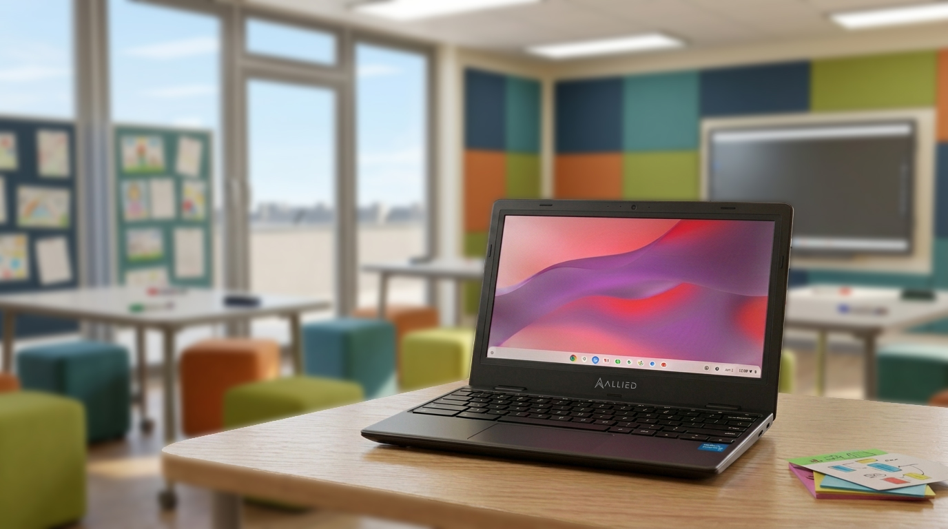 Allied Chromebook open on a desk in a bright classroom