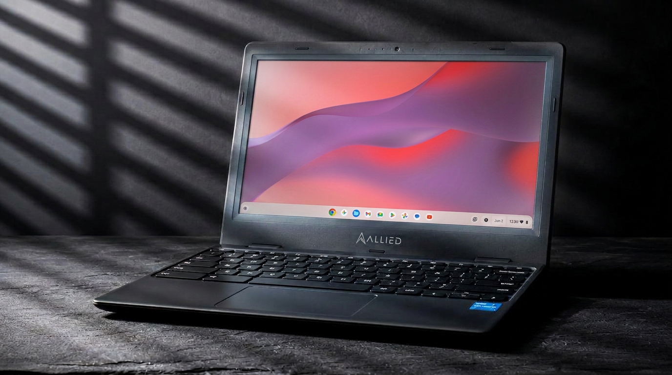 Allied Chromebook 11 (Intel N4500) open with the screen on, on a dark desk in window light