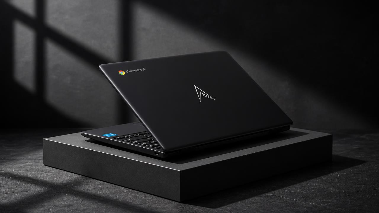 Allied recertified Chromebook presented on a dark plinth
