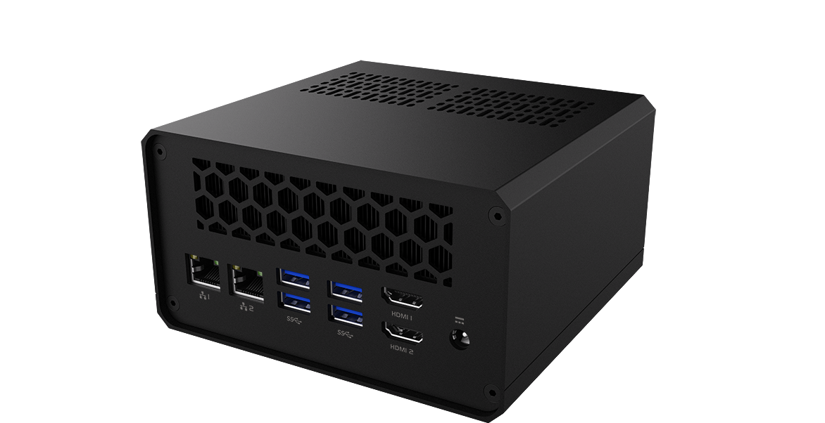 Rear angled studio view of the Allied Talon Thor showing dual 10GbE, USB and dual HDMI